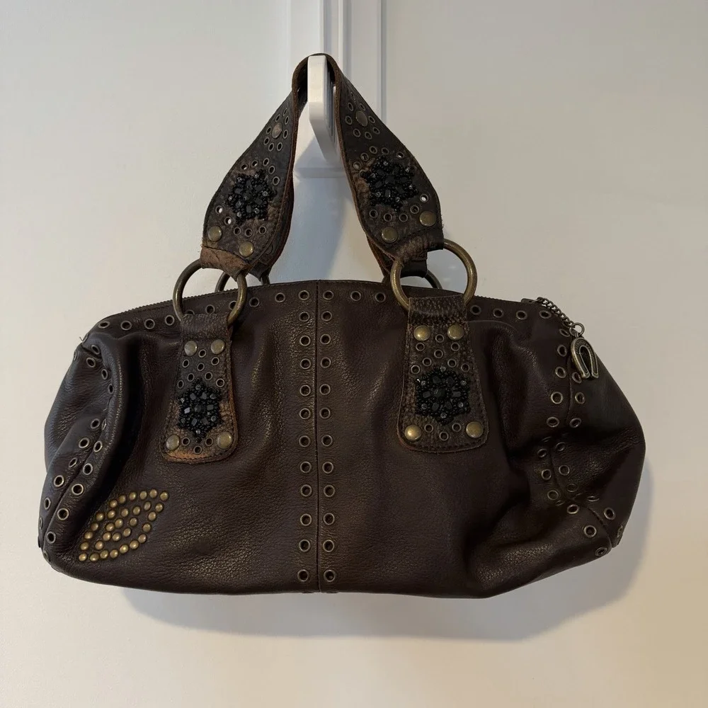 Vintage Betsey Johnson Shoulder Bag Brown Leather Medium Studded Hobo Purse Y2K